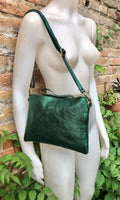 Small leather bag in metallic green .Cross body bag, GENUINE leather shoulder bag or wristlet. Dark green purse with adjustable strap.
