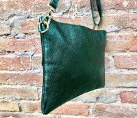 Small leather bag in metallic green .Cross body bag, GENUINE leather shoulder bag or wristlet. Dark green purse with adjustable strap.