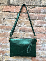 Small leather bag in metallic green .Cross body bag, GENUINE leather shoulder bag or wristlet. Dark green purse with adjustable strap.