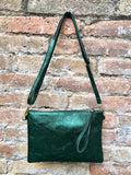 Small leather bag in metallic green .Cross body bag, GENUINE leather shoulder bag or wristlet. Dark green purse with adjustable strap.