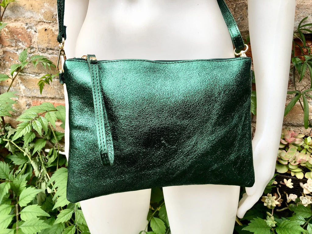 Small leather bag in metallic green .Cross body bag, GENUINE leather shoulder bag or wristlet. Dark green purse with adjustable strap.