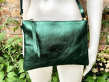 Small leather bag in metallic green .Cross body bag, GENUINE leather shoulder bag or wristlet. Dark green purse with adjustable strap.
