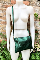 Small leather bag in metallic green .Cross body bag, GENUINE leather shoulder bag or wristlet. Dark green purse with adjustable strap.