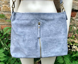 Blue / gray suede leather bag. Boho messenger bag. GENUINE LEATHER Crossbody / shoulder bag. Denim blue suede leather purse with zipper.