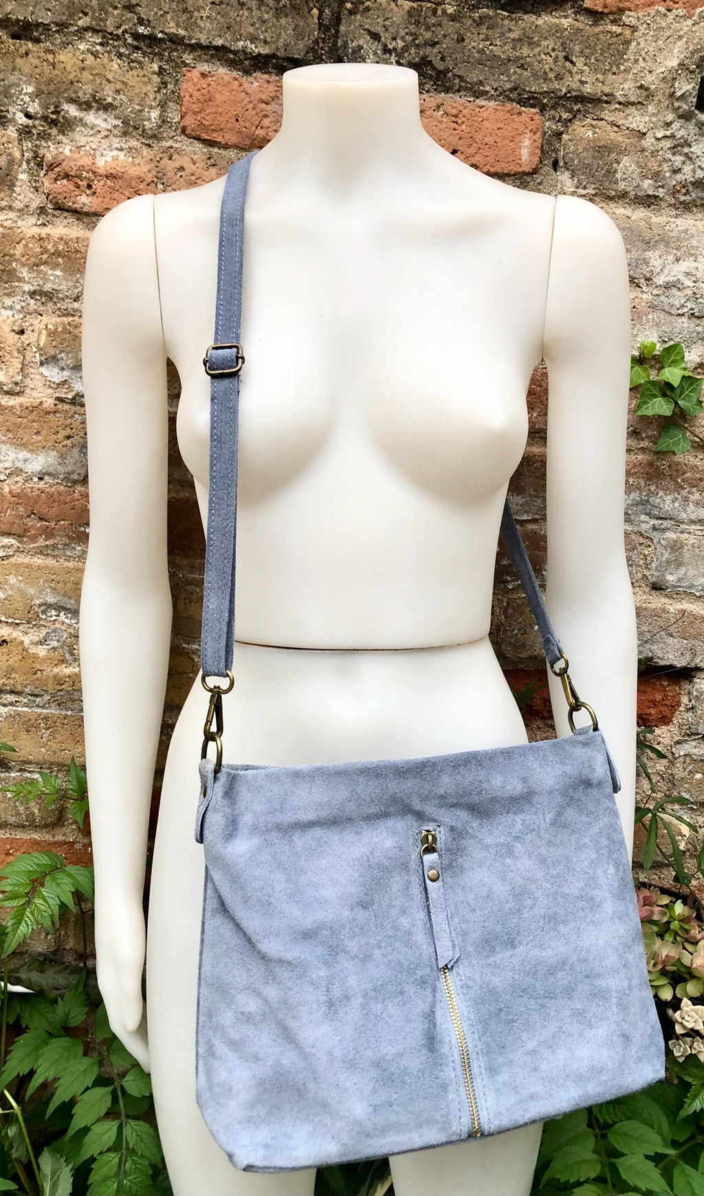 Blue / gray suede leather bag. Boho messenger bag. GENUINE LEATHER Crossbody / shoulder bag. Denim blue suede leather purse with zipper.