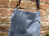 Blue / gray suede leather bag. Boho messenger bag. GENUINE LEATHER Crossbody / shoulder bag. Denim blue suede leather purse with zipper.