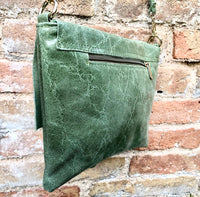 Green crossbody bag. Genuine leather small leather bag. Messenger bag with zipper and flap. Small green leather purse.