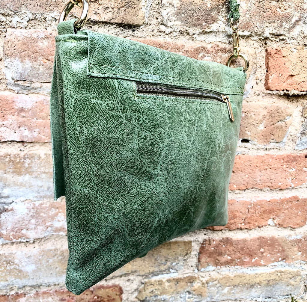 Green crossbody bag. Genuine leather small leather bag. Messenger bag with zipper and flap. Small green leather purse.