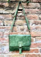 Green crossbody bag. Genuine leather small leather bag. Messenger bag with zipper and flap. Small green leather purse.
