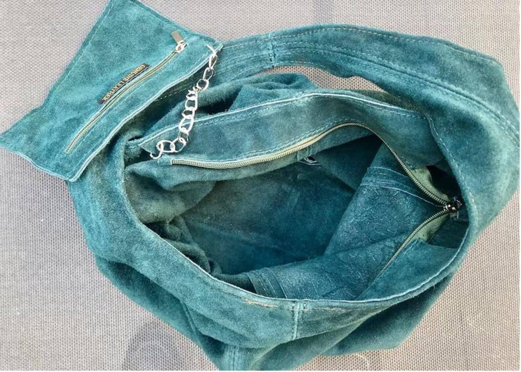 Slouch bag.Large TOTE leather bag TURQUOISE blue. Soft natural suede genuine leather bag. Boho bag closed with a ZIPPER. Blue soft suede bag