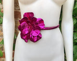 Flower leather belt in METALLIC hot PINK. Waist, overall or dress belt. Genuine leather. Fuchsia pink rose belt. Large hot pink flower.