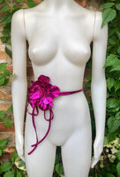Flower leather belt in METALLIC hot PINK. Waist, overall or dress belt. Genuine leather. Fuchsia pink rose belt. Large hot pink flower.