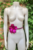 Flower leather belt in METALLIC hot PINK. Waist, overall or dress belt. Genuine leather. Fuchsia pink rose belt. Large hot pink flower.