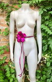 Flower leather belt in METALLIC hot PINK. Waist, overall or dress belt. Genuine leather. Fuchsia pink rose belt. Large hot pink flower.