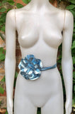 Flower leather belt in metallic LIGHT BLUE. Waist, overall or dress belt. Genuine leather. Silver blue rose belt. Large light blue flower.