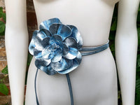Flower leather belt in metallic LIGHT BLUE. Waist, overall or dress belt. Genuine leather. Silver blue rose belt. Large light blue flower.
