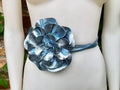 Flower leather belt in metallic LIGHT BLUE. Waist, overall or dress belt. Genuine leather. Silver blue rose belt. Large light blue flower.