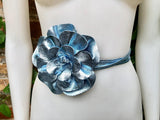 Flower leather belt in metallic LIGHT BLUE. Waist, overall or dress belt. Genuine leather. Silver blue rose belt. Large light blue flower.