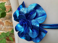 Flower leather belt in metallic ROYAL BLUE. Waist, overall or dress belt. Genuine leather. Cobalt blue rose belt. Large royal blue flower.