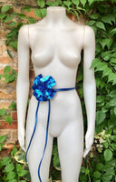 Flower leather belt in metallic ROYAL BLUE. Waist, overall or dress belt. Genuine leather. Cobalt blue rose belt. Large royal blue flower.