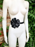 Flower leather belt in BLACK leather. Waist, overall or dress belt. Genuine leather. Black rose belt. Large black leather flower.
