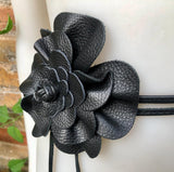 Flower leather belt in BLACK leather. Waist, overall or dress belt. Genuine leather. Black rose belt. Large black leather flower.