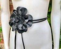 Flower leather belt in BLACK leather. Waist, overall or dress belt. Genuine leather. Black rose belt. Large black leather flower.