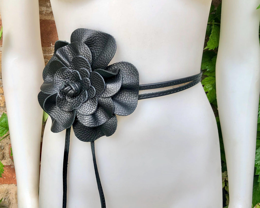 Flower leather belt in BLACK leather. Waist, overall or dress belt. Genuine leather. Black rose belt. Large black leather flower.