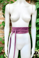 Raspberry purple wide suede belt. Genuine leather wrap purple - pink belt. Soft suede purple dress belt. Purple wraparound wide belt.