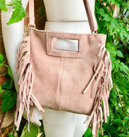 Light pink crossbody fringed bag. Dusty pink BOHO suede leather bag with FRINGES. Soft genuine pink suede leather. Light pink suede purse.