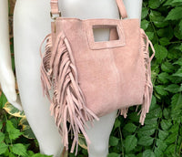 Light pink crossbody fringed bag. Dusty pink BOHO suede leather bag with FRINGES. Soft genuine pink suede leather. Light pink suede purse.