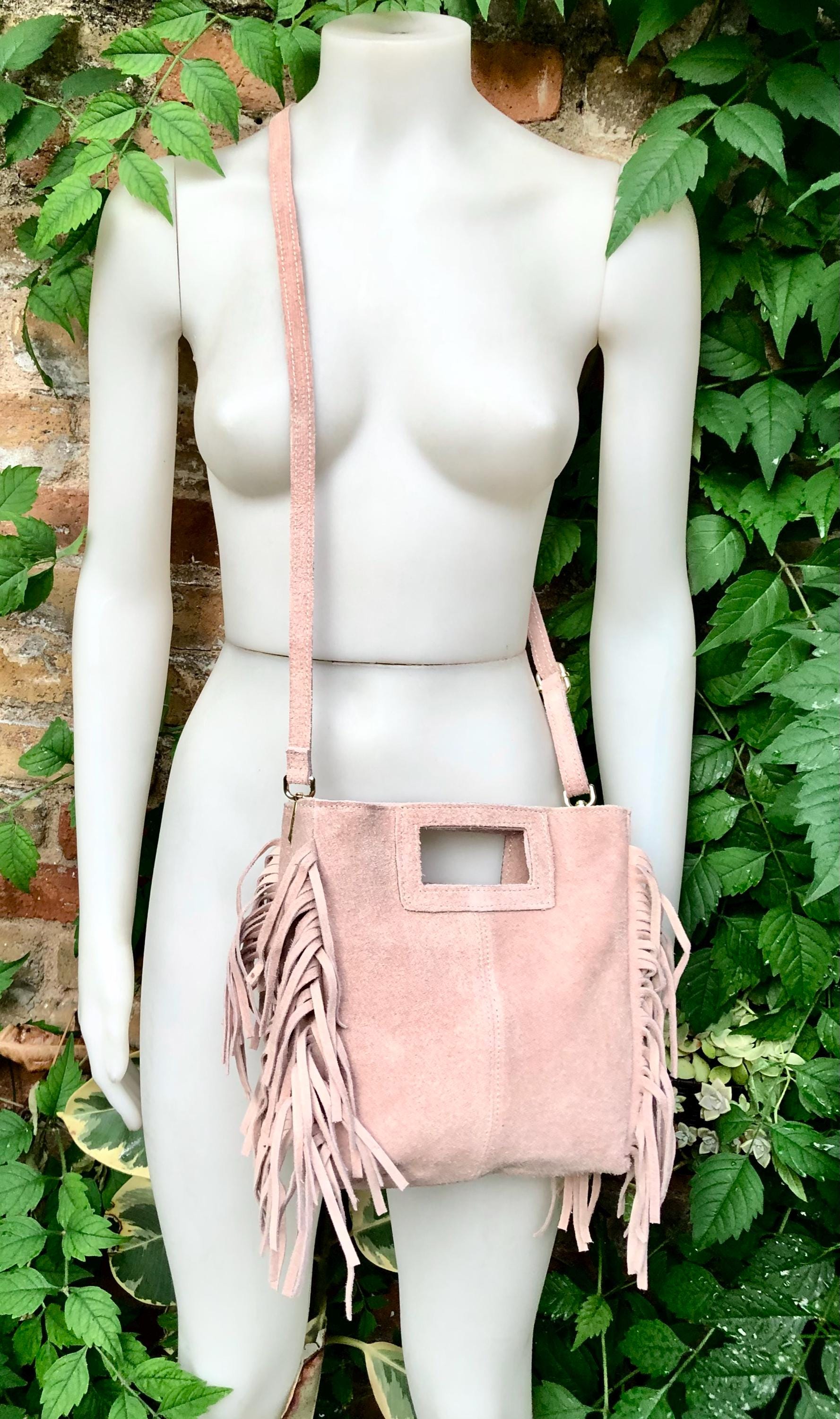 Light pink crossbody fringed bag. Dusty pink BOHO suede leather bag with FRINGES. Soft genuine pink suede leather. Light pink suede purse.