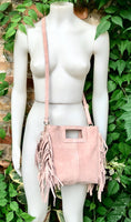 Light pink crossbody fringed bag. Dusty pink BOHO suede leather bag with FRINGES. Soft genuine pink suede leather. Light pink suede purse.