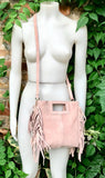 Light pink crossbody fringed bag. Dusty pink BOHO suede leather bag with FRINGES. Soft genuine pink suede leather. Light pink suede purse.