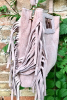Light pink crossbody fringed bag. Dusty pink BOHO suede leather bag with FRINGES. Soft genuine pink suede leather. Light pink suede purse.