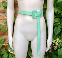 Wrap belt in AQUA blue-green. Genuine leather 80s style obi belt. Light turquoise waist belt. Green wraparound belt. Aqua dress belt