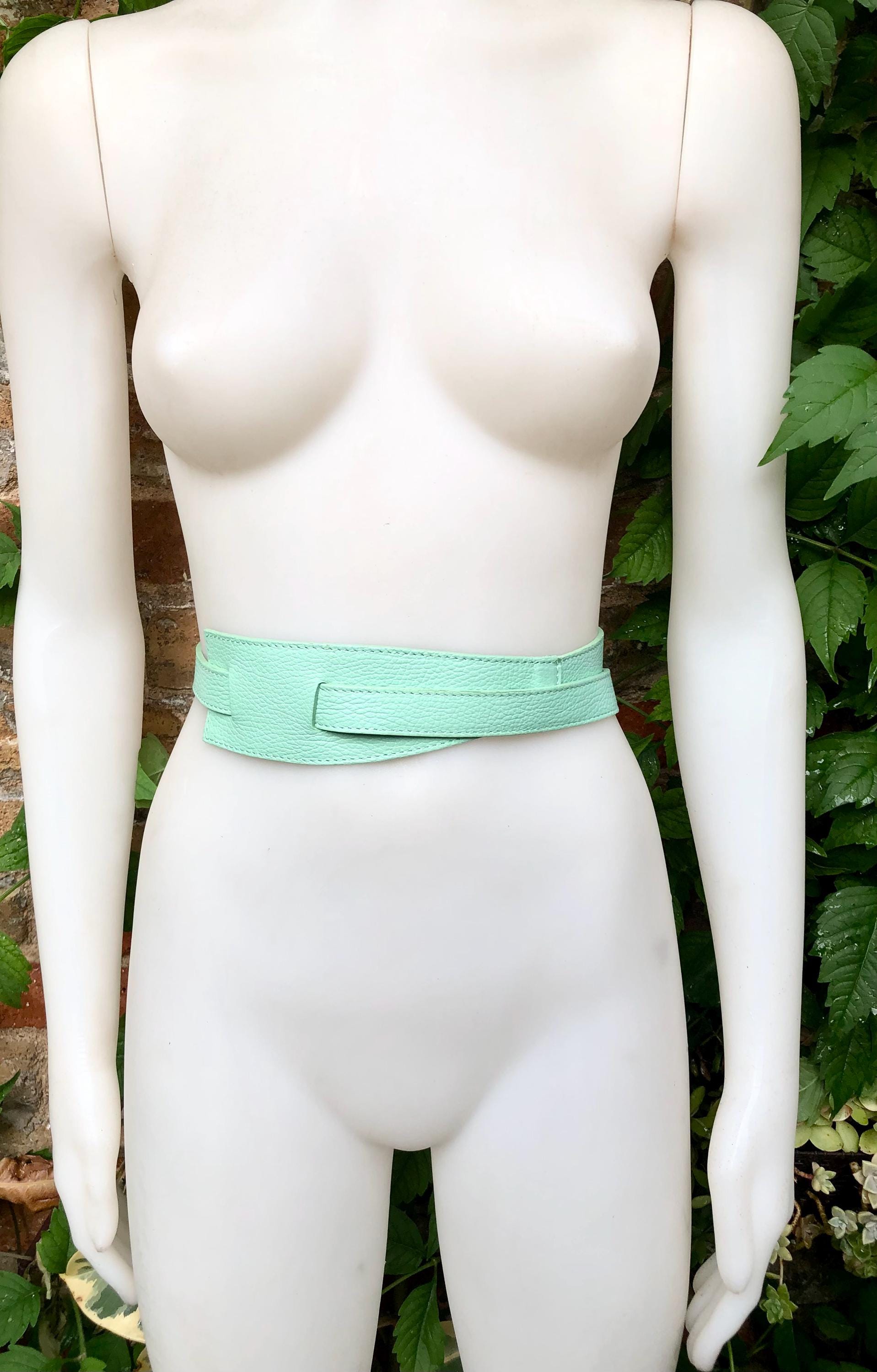 Wrap belt in AQUA blue-green. Genuine leather 80s style obi belt. Light turquoise waist belt. Green wraparound belt. Aqua dress belt