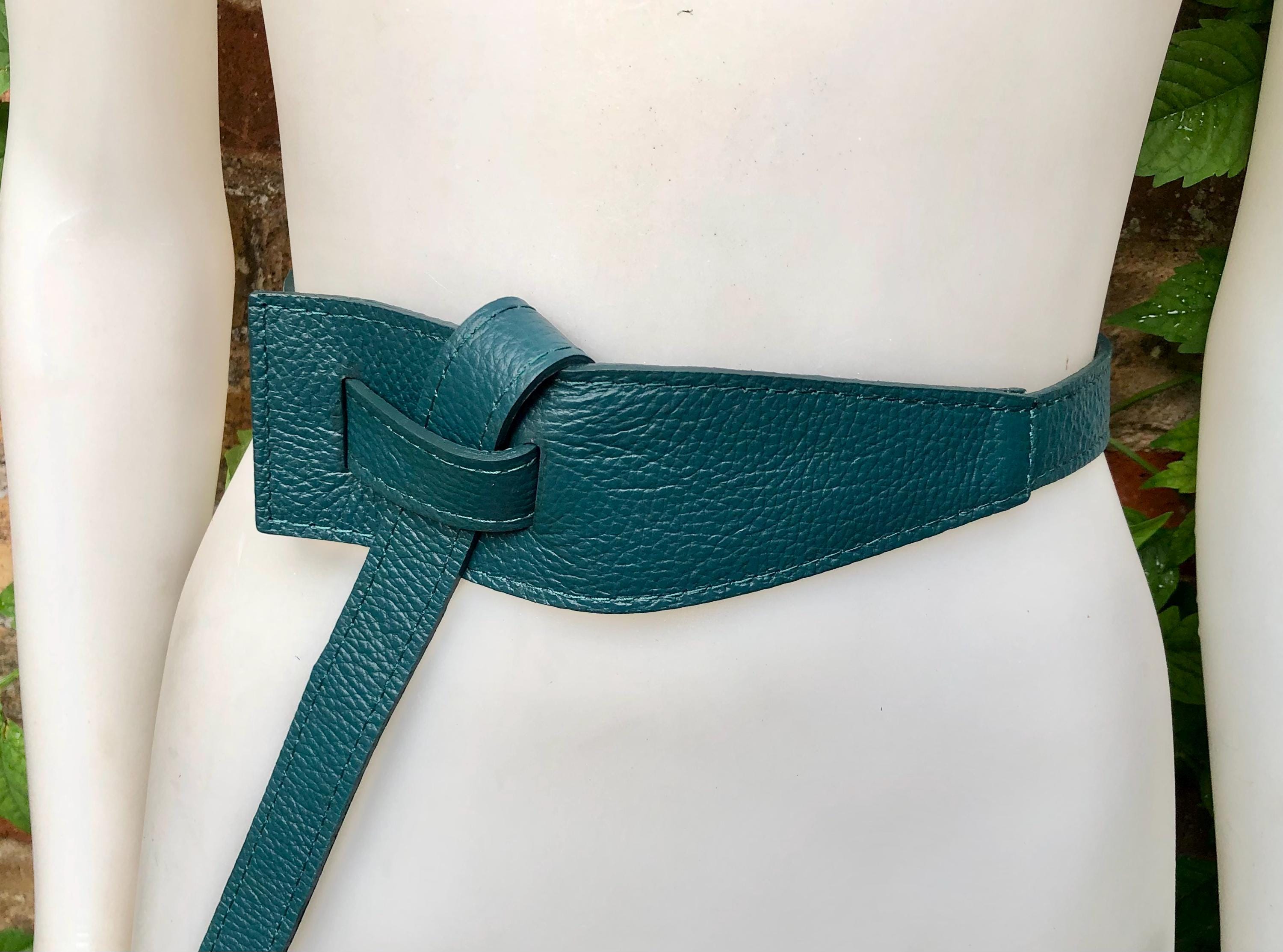 Wrap belt in TEAL blue-green. Genuine leather 80s style obi belt. Teal color waist belt. Green wraparound belt. Teal blue dress belt