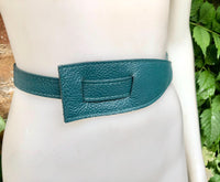 Wrap belt in TEAL blue-green. Genuine leather 80s style obi belt. Teal color waist belt. Green wraparound belt. Teal blue dress belt