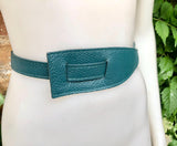 Wrap belt in TEAL blue-green. Genuine leather 80s style obi belt. Teal color waist belt. Green wraparound belt. Teal blue dress belt