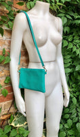 Small turquoise blue - green leather bag. GENUINE leather dark aqua crossbody / shoulder bag. Green leather purse with adjustable strap.