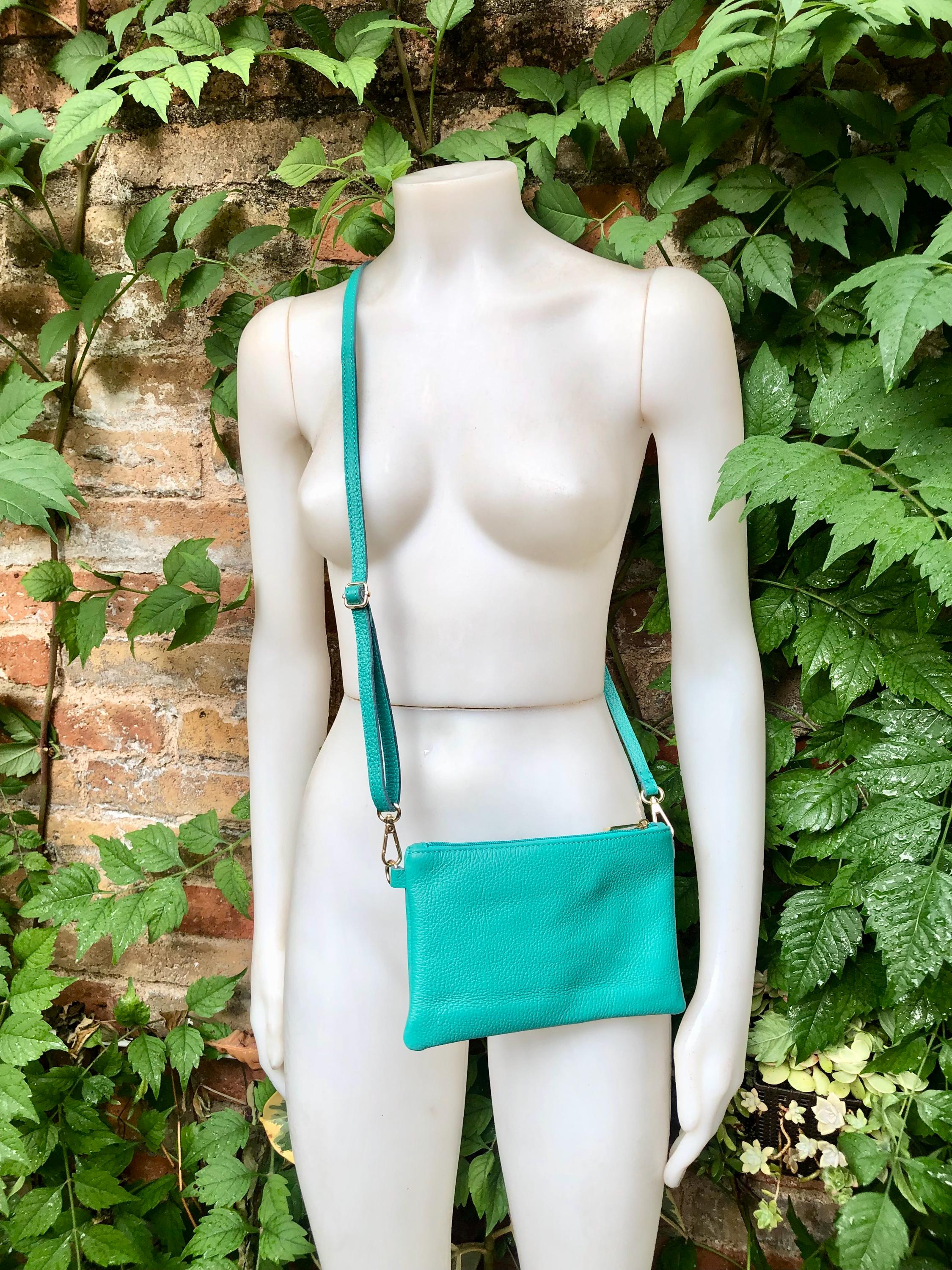 Small turquoise blue - green leather bag. GENUINE leather dark aqua crossbody / shoulder bag. Green leather purse with adjustable strap.