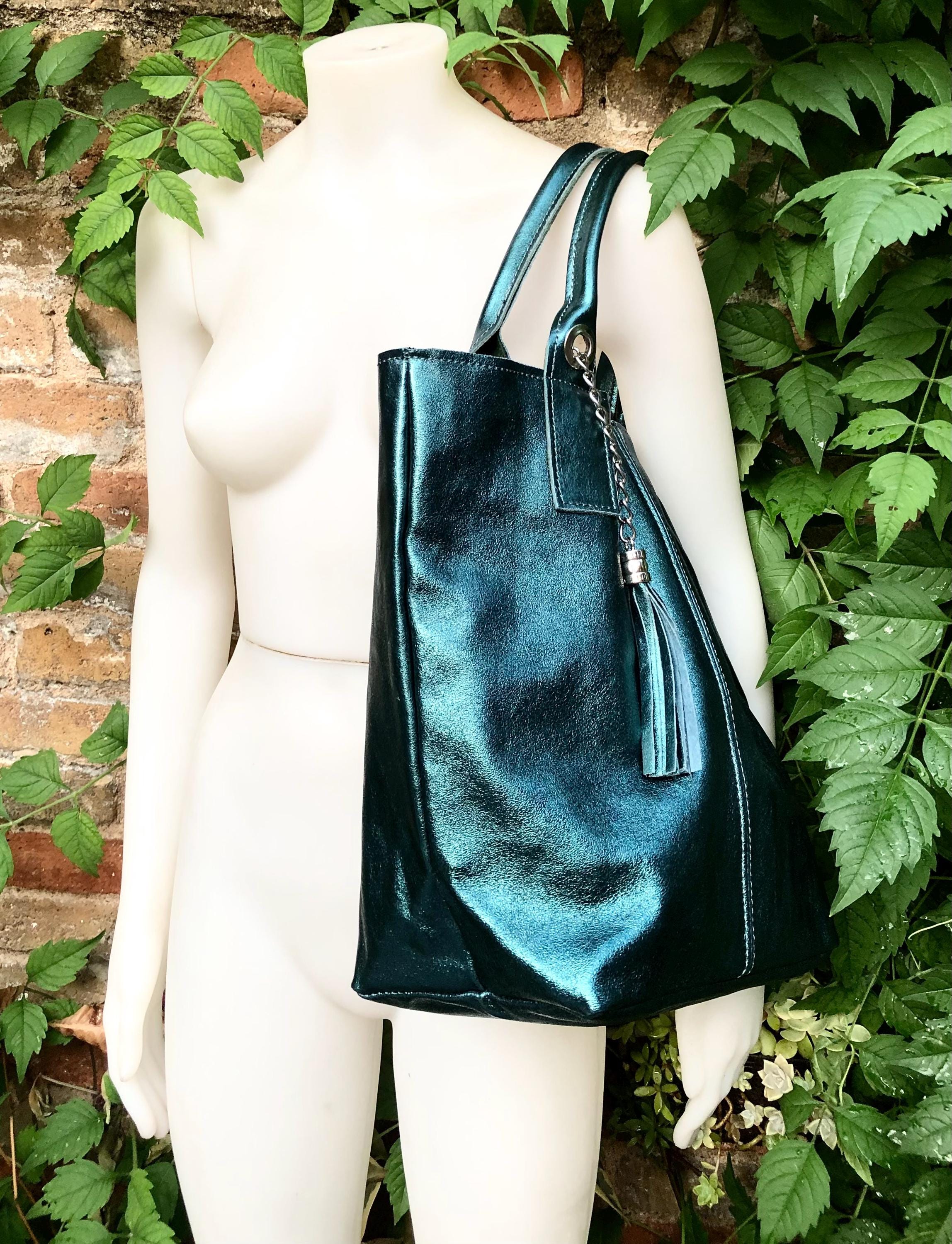 Teal blue - green tote leather shopper in GENUINE leather. Metallic shine finish. Blue carry all bag for your laptop, books + lining.