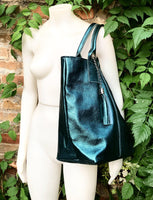 Teal blue - green tote leather shopper in GENUINE leather. Metallic shine finish. Blue carry all bag for your laptop, books + lining.