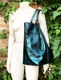 Teal blue - green tote leather shopper in GENUINE leather. Metallic shine finish. Blue carry all bag for your laptop, books + lining.