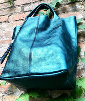 Teal blue - green tote leather shopper in GENUINE leather. Metallic shine finish. Blue carry all bag for your laptop, books + lining.