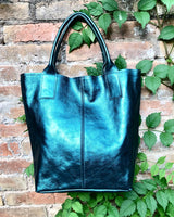 Teal blue - green tote leather shopper in GENUINE leather. Metallic shine finish. Blue carry all bag for your laptop, books + lining.