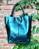 Teal blue - green tote leather shopper in GENUINE leather. Metallic shine finish. Blue carry all bag for your laptop, books + lining.