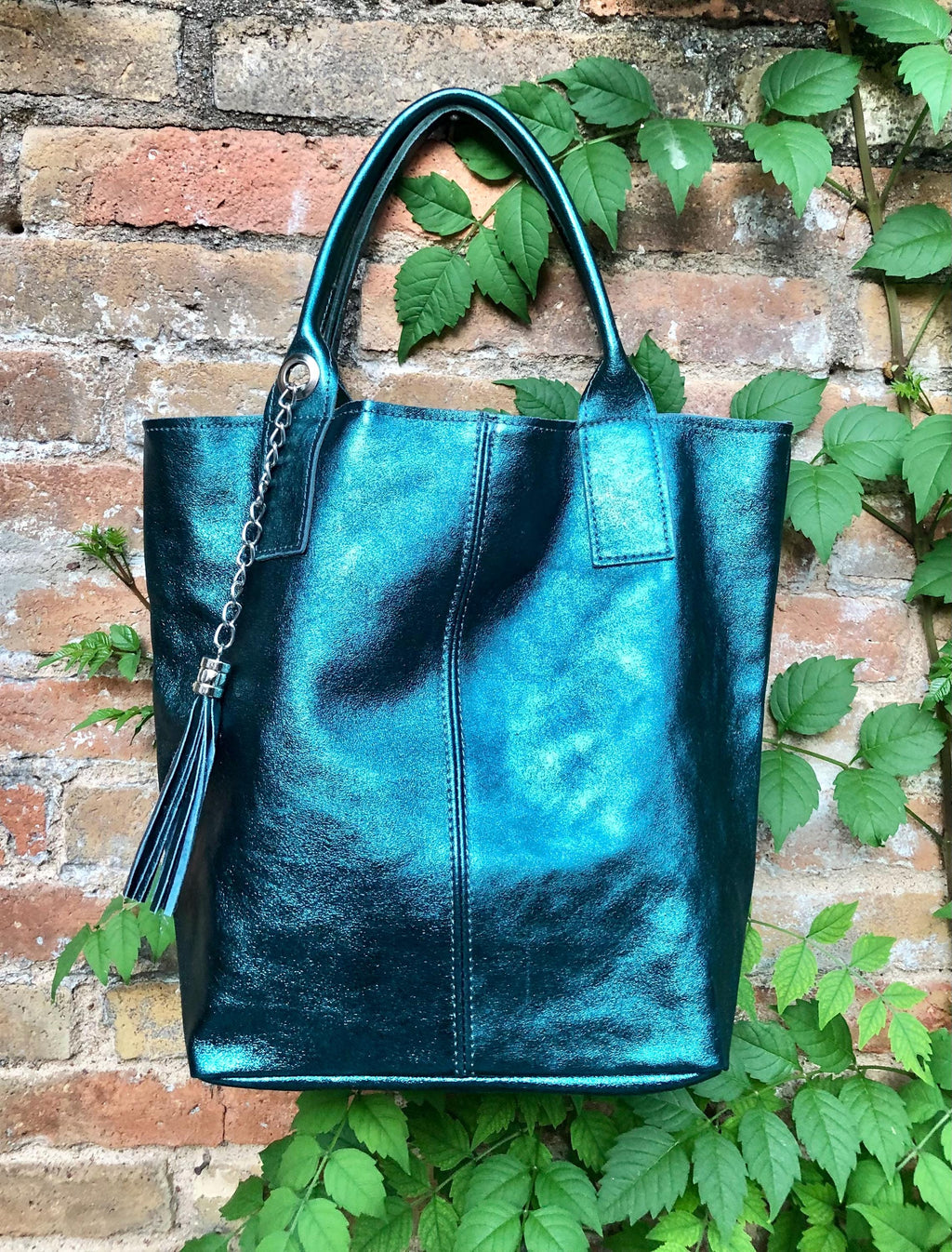 Teal blue - green tote leather shopper in GENUINE leather. Metallic shine finish. Blue carry all bag for your laptop, books + lining.