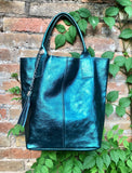 Teal blue - green tote leather shopper in GENUINE leather. Metallic shine finish. Blue carry all bag for your laptop, books + lining.